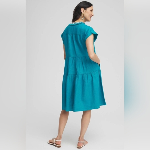 Chico's Peacock Blue 100% Linen w Embellished Neckline Glam Relaxed Short Dress - Picture 3 of 15
